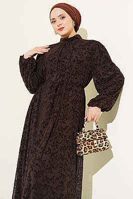 Çiçek Desen İp Kuşaklı Tül Elbise Kahve - Elbise