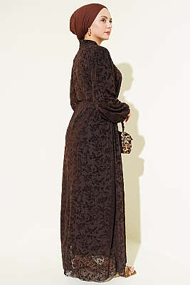 Çiçek Desen İp Kuşaklı Tül Elbise Kahve - Elbise