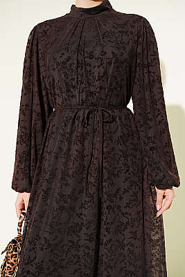 Çiçek Desen İp Kuşaklı Tül Elbise Kahve - Elbise