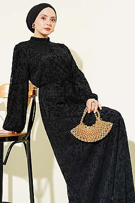 Çiçek Desen İp Kuşaklı Tül Elbise Siyah - BIGDART