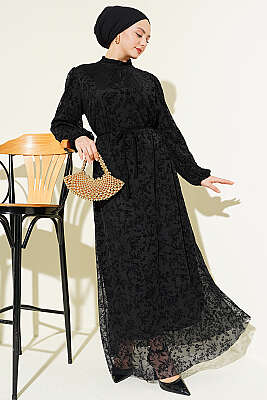 Çiçek Desen İp Kuşaklı Tül Elbise Siyah - Elbise