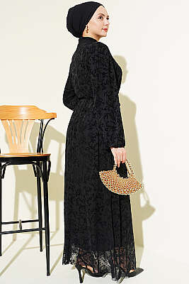 Çiçek Desen İp Kuşaklı Tül Elbise Siyah - Elbise