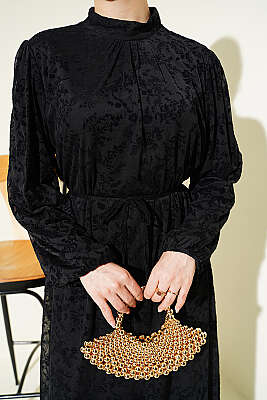 Çiçek Desen İp Kuşaklı Tül Elbise Siyah - Elbise