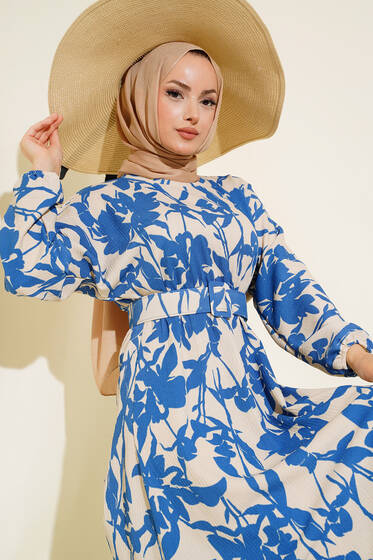 Çiçek Desen Kemerli Bürümcük Elbise İndigo - Elbise