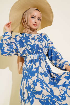 Çiçek Desen Kemerli Bürümcük Elbise İndigo 