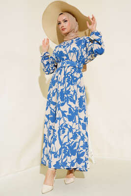 Çiçek Desen Kemerli Bürümcük Elbise İndigo - Tesettür Elbise