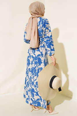 Çiçek Desen Kemerli Bürümcük Elbise İndigo - Tesettür Elbise