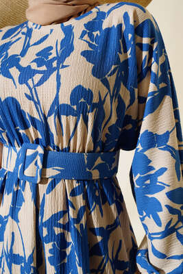 Çiçek Desen Kemerli Bürümcük Elbise İndigo - Tesettür Elbise