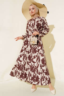 Çiçek Desen Kemerli Bürümcük Elbise Kahve 