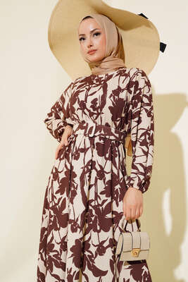 Çiçek Desen Kemerli Bürümcük Elbise Kahve - Tesettür Elbise