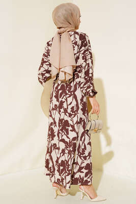 Çiçek Desen Kemerli Bürümcük Elbise Kahve - Tesettür Elbise