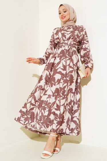 Çiçek Desen Kemerli Bürümcük Elbise Kestane - Elbise