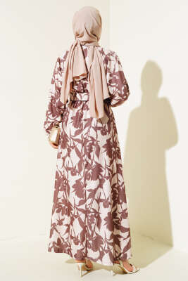 Çiçek Desen Kemerli Bürümcük Elbise Kestane - Tesettür Elbise