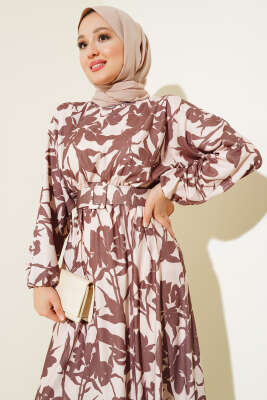 Çiçek Desen Kemerli Bürümcük Elbise Kestane - Tesettür Elbise