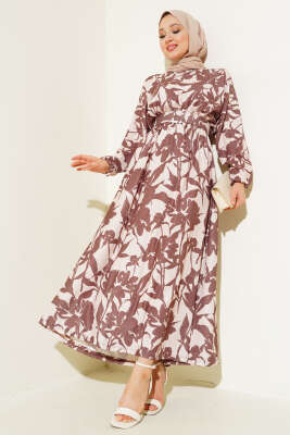 Çiçek Desen Kemerli Bürümcük Elbise Kestane - Tesettür Elbise