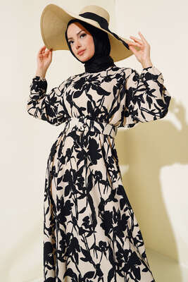 Çiçek Desen Kemerli Bürümcük Elbise Siyah - Tesettür Elbise