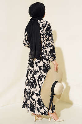 Çiçek Desen Kemerli Bürümcük Elbise Siyah - Tesettür Elbise