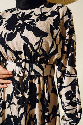 Çiçek Desen Kemerli Bürümcük Elbise Siyah - Tesettür Elbise