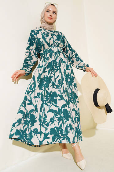 Çiçek Desen Kemerli Bürümcük Elbise Zümrüt - Elbise