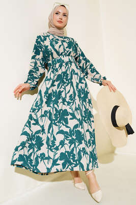 Çiçek Desen Kemerli Bürümcük Elbise Zümrüt 