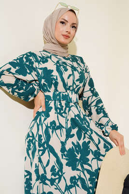 Çiçek Desen Kemerli Bürümcük Elbise Zümrüt - Tesettür Elbise
