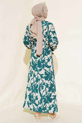 Çiçek Desen Kemerli Bürümcük Elbise Zümrüt - Tesettür Elbise