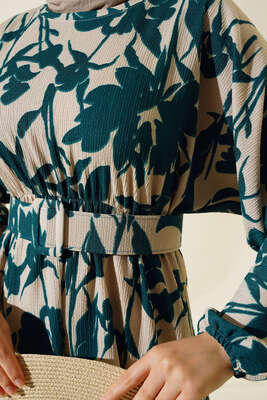 Çiçek Desen Kemerli Bürümcük Elbise Zümrüt - Tesettür Elbise