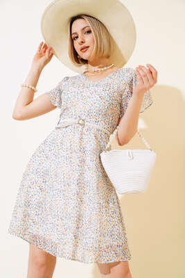 Çiçek Desen Kemerli Mini Elbise Ekru - ESTELLE