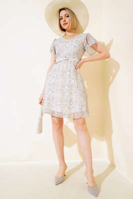 Çiçek Desen Kemerli Mini Elbise Ekru - Kadın Giyim Modelleri