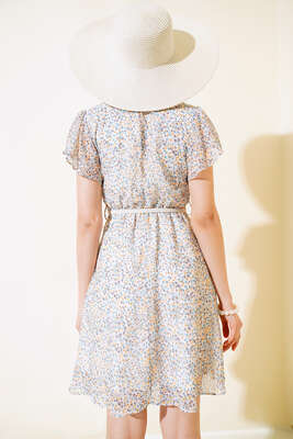 Çiçek Desen Kemerli Mini Elbise Ekru - Kadın Giyim Modelleri