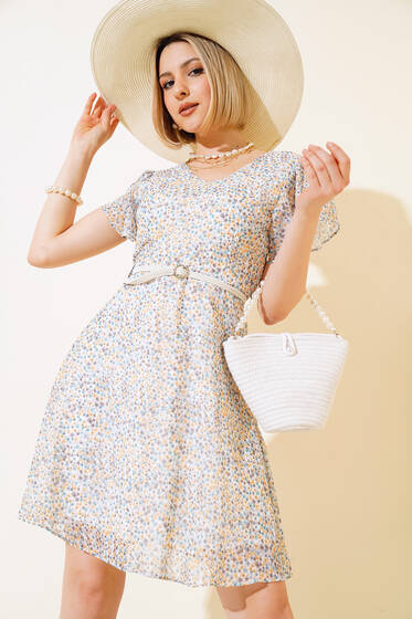 Çiçek Desen Kemerli Mini Elbise Ekru - Yeni Giyim