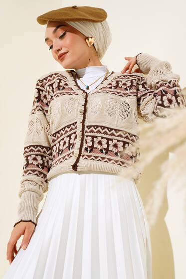 Çiçek Desen Kısa Triko Hırka Bej - Hırka