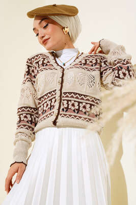 Çiçek Desen Kısa Triko Hırka Bej 