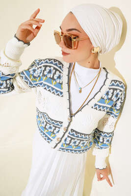 Çiçek Desen Kısa Triko Hırka Ekru 