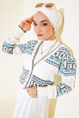 Çiçek Desen Kısa Triko Hırka Ekru - Triko Hırka