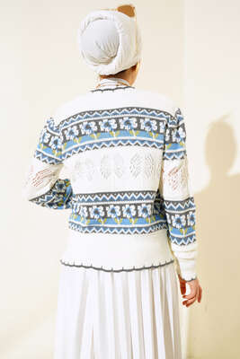 Çiçek Desen Kısa Triko Hırka Ekru - Triko Hırka