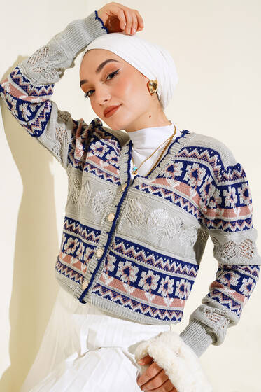 Çiçek Desen Kısa Triko Hırka Gri - Hırka