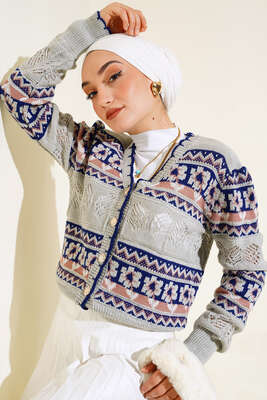 Çiçek Desen Kısa Triko Hırka Gri 