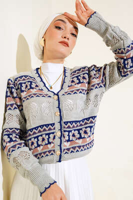 Çiçek Desen Kısa Triko Hırka Gri - Triko Hırka