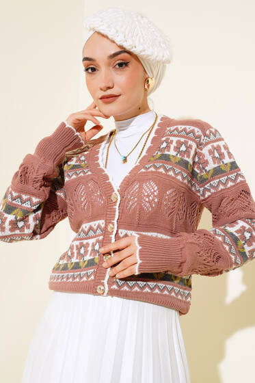 Çiçek Desen Kısa Triko Hırka Gül Kurusu - Hırka