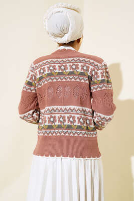 Çiçek Desen Kısa Triko Hırka Gül Kurusu - Triko Hırka