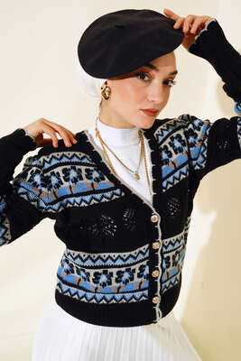 Çiçek Desen Kısa Triko Hırka Siyah - RAFİMİX