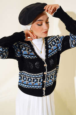 Çiçek Desen Kısa Triko Hırka Siyah - Triko Hırka