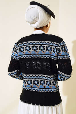 Çiçek Desen Kısa Triko Hırka Siyah - Triko Hırka