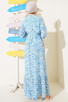 Çiçek Desen Kuşaklı Viskon Elbise Mavi - Tesettür Elbise