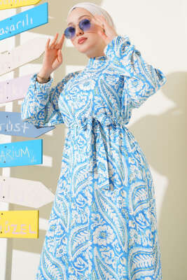 Çiçek Desen Kuşaklı Viskon Elbise Mavi - Tesettür Elbise