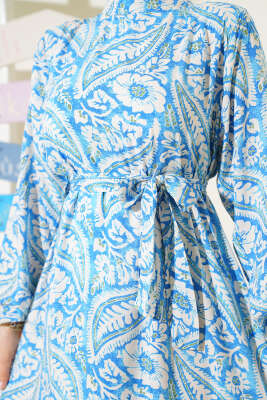 Çiçek Desen Kuşaklı Viskon Elbise Mavi - Tesettür Elbise