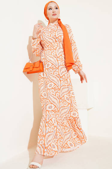 Çiçek Desen Kuşaklı Viskon Elbise Oranj - Elbise