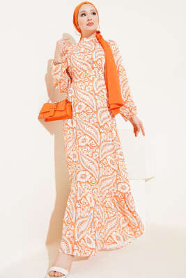 Çiçek Desen Kuşaklı Viskon Elbise Oranj