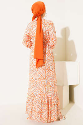 Çiçek Desen Kuşaklı Viskon Elbise Oranj - Tesettür Elbise